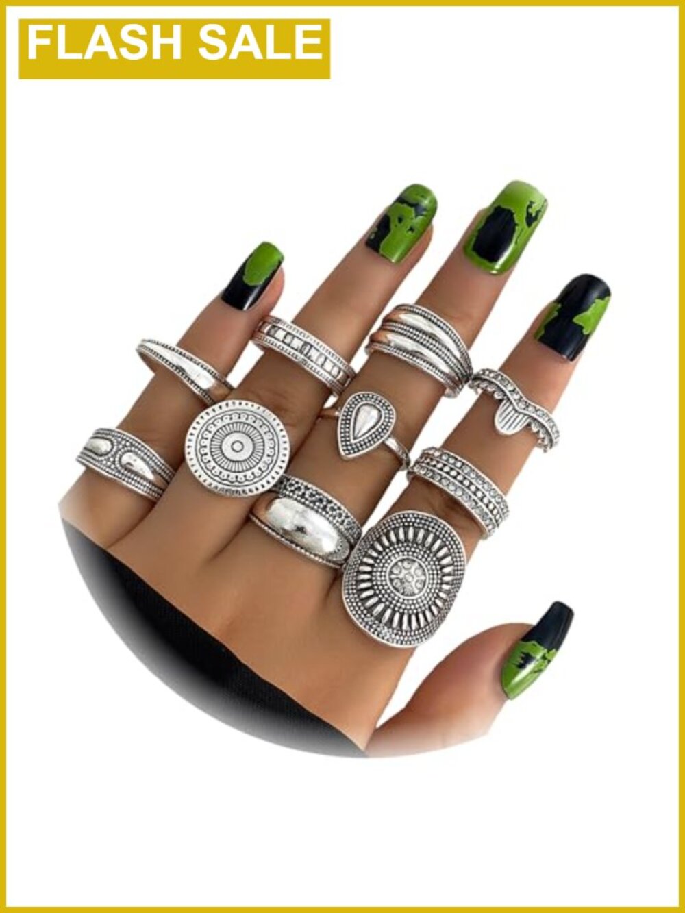 Stackable Rings Set Zinc Alloy Boho Silver Rhinestone Vintage 10 Pc